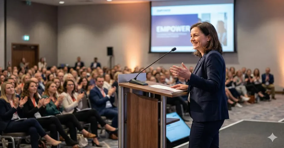 Muğla diksiyon kursu sayesinde sahnede özgüvenli ve etkili bir şekilde konuşma yapan profesyonel konuşmacı.