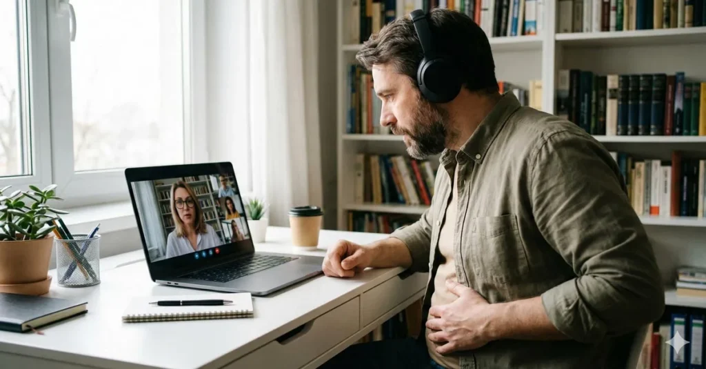 Ev konforunda bilgisayar üzerinden online diksiyon eğitimi alan ve diyafram nefesi çalışması yapan öğrenci.